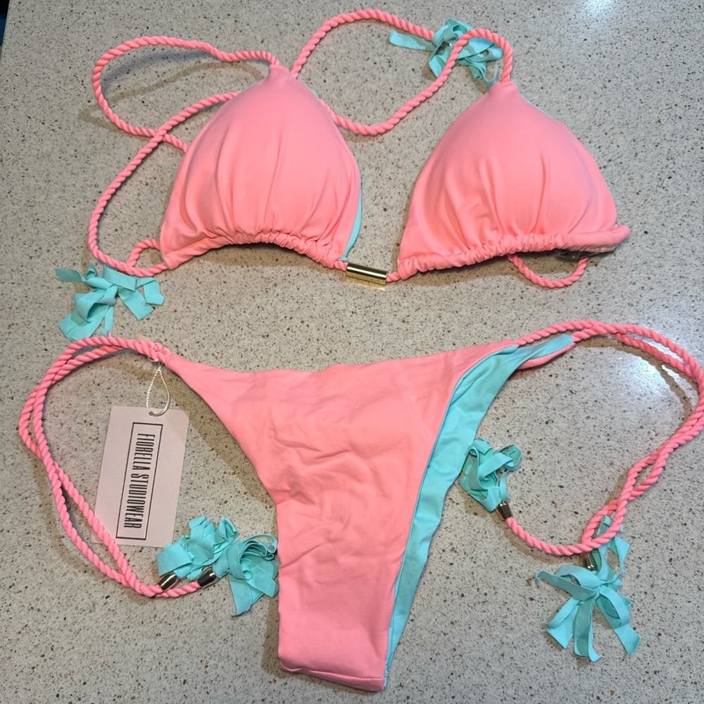 Fionella swimwear corral and aqua woman’s bikini